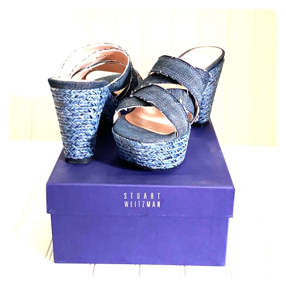 Stuart Weitzman Denim stacked platform heal